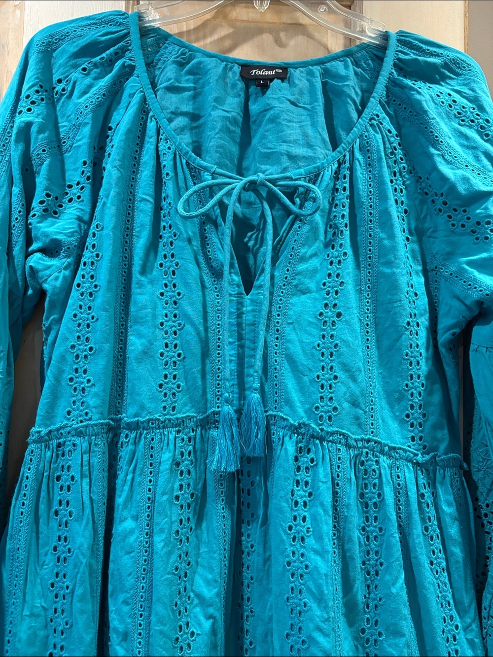 Tolani Turquoise Eyelet Tiered Boho Cotton Dress Size Large